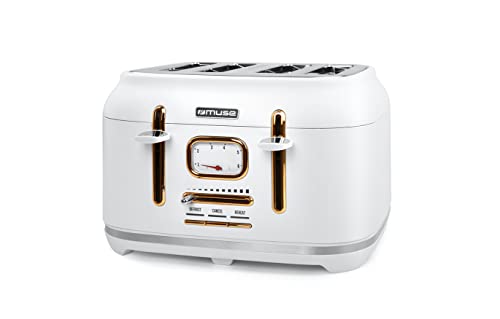 Muse Edelstahl-toaster im weißen retro Design, analoge Anzeige, beleuchtete Tasten, 6 Bräungsstufen, 4 Scheiben, MS-131 W, Vintage Look, mit Krümelschublade