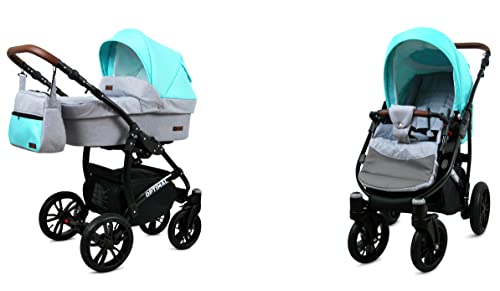 BabyLux Optimal 2-in-1 Baby Kinderwagen Tief und Kinderwagen mit Zubehör Verstellbar und faltbar Aluminium Konstruktion Wasserdicht Nicht abnehmbare Räder Silver Mint Black Frame