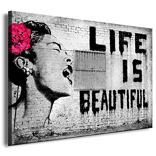 Fotoleinwand24 - Banksy Graffiti Art Life is Beautiful / AA0109 / Bild auf Keilrahmen/Schwarz-Weiß / 100x70 cm