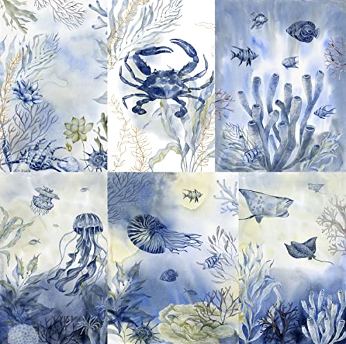 Ocean Reef Reispapier, 20,32 x 26,67 cm – 6 x verschiedene bedruckte Maulbeer-Papierbilder, 30 g/m², sichtbare Fasern für Decoupage-Handwerk, gemischte Medien Collage Kunst