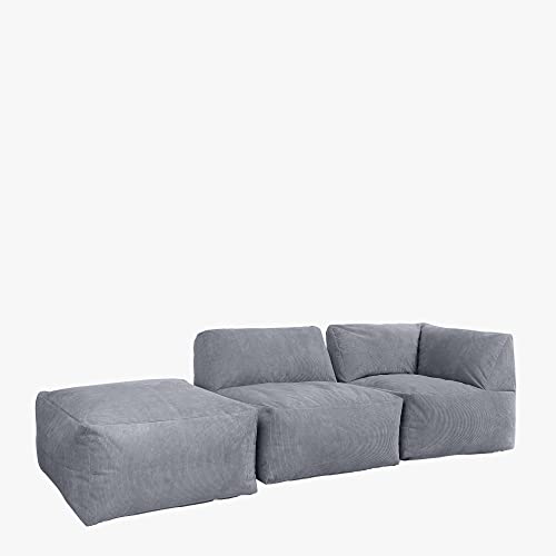 Icon Tetra Sitzsack, modulares Ecksofa, 3er-Set, Eck-Sitzsack, Liegesessel, Sitzpuff, feines Cord-Sitzsack, Dunkelgrau, großes Sitzsack-Sofa für Erwachsene mit Füllung