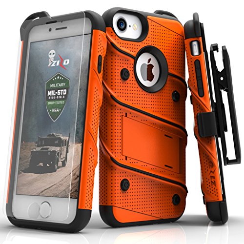 Zizo Bolt Series iPhone 8/7 Case - Tempered Glass Screen Protector with Holster and 12ft Military Grade Drop Tested (Orange & Black)