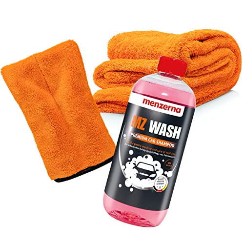 detailmate Auto Wasch- und Trockenset: menzerna MZ Wash Shampoo - Autoshampoo 1L + Mikrofaser Präzisionshandschuh Orange + Liquid Elements Trockentuch Orange Baby XL für die optimale Handwäsche