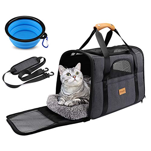 morpilot Katzentransporttasche, Atmungsaktive und Faltbare Hundetransporttasche, Katzentransportkoffer mit Verstellbarem Schultergurt, Katzentransportkäfig mit Abnehmbarer Plüschmatratze + Schüssel