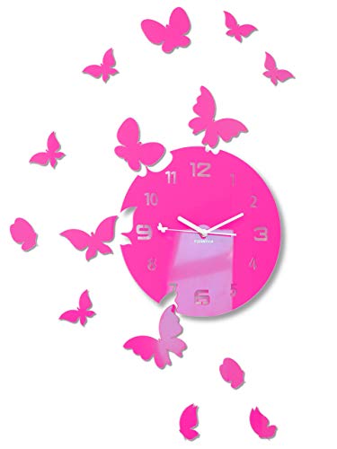 FLEXISTYLE Große Moderne Wanduhr Schmetterling rund 30cm, 15 Schmetterlinge, Wohnzimmer, Schlafzimmer, Kinderzimmer, Produkt in der EU hergestellt (Pink)