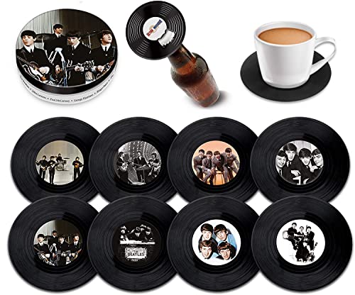 Retro Musique The Beatles – 8-teiliges Mini-Vinyl-Schallplatten-Untersetzer-Set mit Dose und magnetischem Flaschenöffner