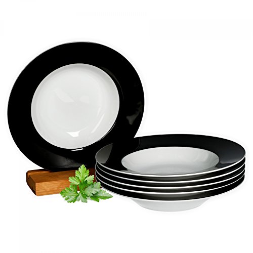 Van Well 6er Set Suppenteller Serie Vario Porzellan - Farbe wählbar, Farbe:schwarz