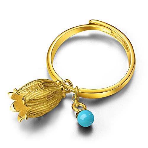 Lotus Fun S925 Sterling Silber Damen Ringe Bluebell Blume Offener Rings Handgemachte Ring für Frauen und Mädchen. (Gold)