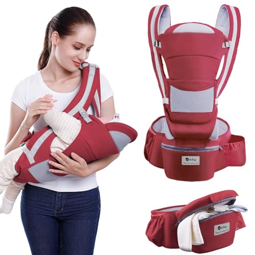 Lohofrnny Babytrage, multifunktionale Ergonomische Babytrage für 0-36 Monate, All-in-One Kindertrage mit Hüftsitz, Verstellbarer Sitz, Baby Tragegurt mit 6 Tragepositionen für Säuglinge (Rot)