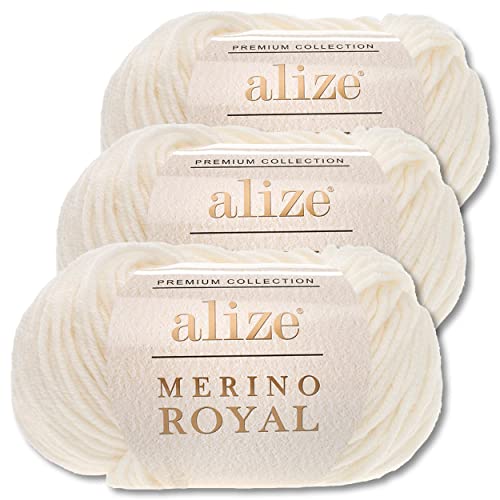 Wohnkult Alize 3x50 g Merino Royal 100% Merinowolle 9 Farben zur Auswahl Superwash Wolle Warmer (62 | Creme)