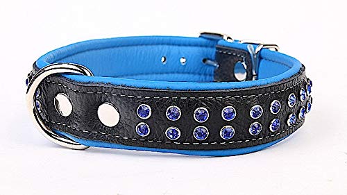 Capadi K0763 Hundehalsband mit Napaleder unterlegt und Starkes Hundehalsband aus Echtleder verziert mit farbigen Kristalsteinen, Blau, Breite 30 mm, Länge 63 cm