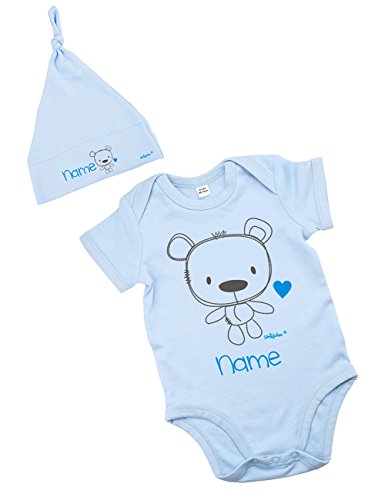 Striefchen® hellblaues Babyset mit Namen - Babybody und Babymütze -Teddybär - als Babygeschenk Größe 3-6 Monate