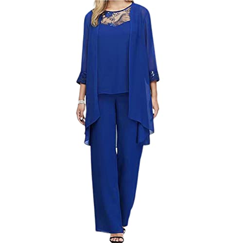 Suzanne Mantel Oberteil Hose 1 Set Beliebte Spleißen Aushöhlen Chiffon Mantel Top Hose Blau XL