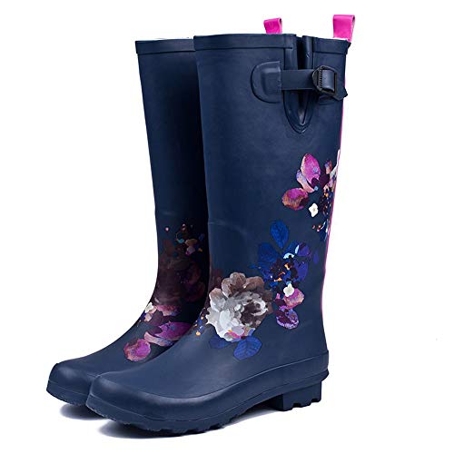 FREEUP Damen Wasserdicht Regen Gummistiefel Stiefel Verstellbare Schnalle und Slip-on-Neopren-Gummisohle,Blue,37EU