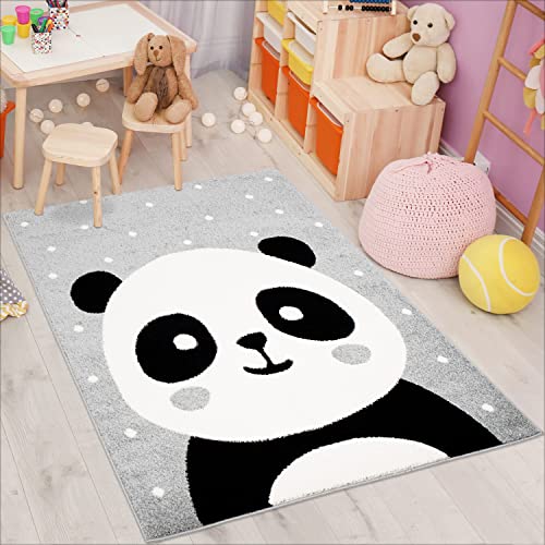 carpet city Kinderteppich Bubble Kids Flachflor Panda-Bär, weiß gepunktet in Grau für Kinderzimmer; Größe: 120x160 cm