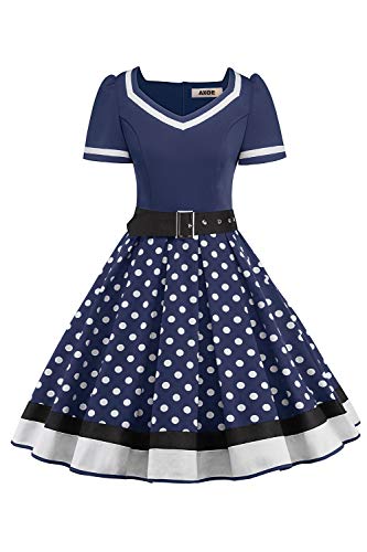 Axoe Damen Swing Kleid Vintage 50er Jahre Polka Dots Festkleid Navy Gr.42