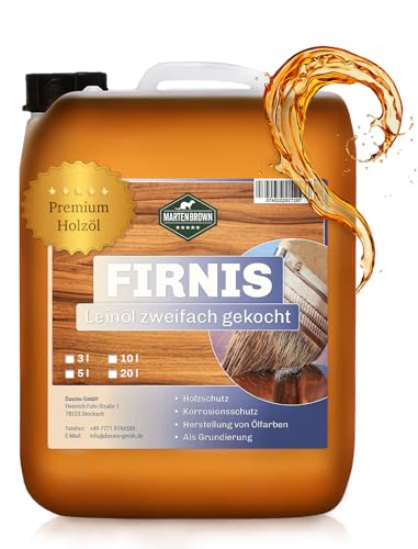 Martenbrown® Leinöl Firnis farblos im 20l-Kanister | Holzöl 2-fach gekocht | für Innen und Außen I Leinöl für Holz