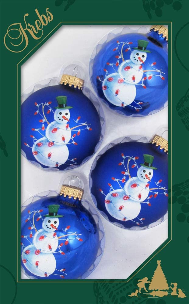 Krebs Glas Lauscha Weihnachtsdekoration/Christbaumschmuck aus Glas - Weihnachtskugeln - Motiv: Blau glänzend Schneemann - 4 Stück - Größe: ca. 7 cm