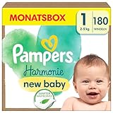 Pampers Baby Windeln Größe 1 (2-5 kg) Harmonie, 0% Kompromiss, Inhaltsstoffe pflanzlichen Ursprungs, hypoallergen, 180 Babywindeln