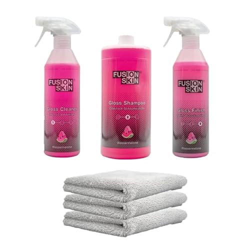 Glanz Pflege Auto Set Fusion Skin® - Vorreiniger (500ml), Auto Shampoo mit Wachs (1L), Finish Politur (500ml) und 3 Stück Super Soft Microfibretücher