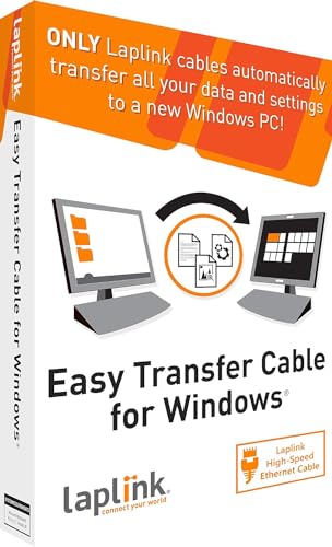 LAPLINK Easy Transfer Cable - Ethernet High Speed Cable & PCmover - 1Gbps Transfer Cable with PCmover Software (1 use), 100+ Mbps Speed, Ethernet Cat-5e Cable, RJ45 Male Connector, 2.13m - 1 Piece