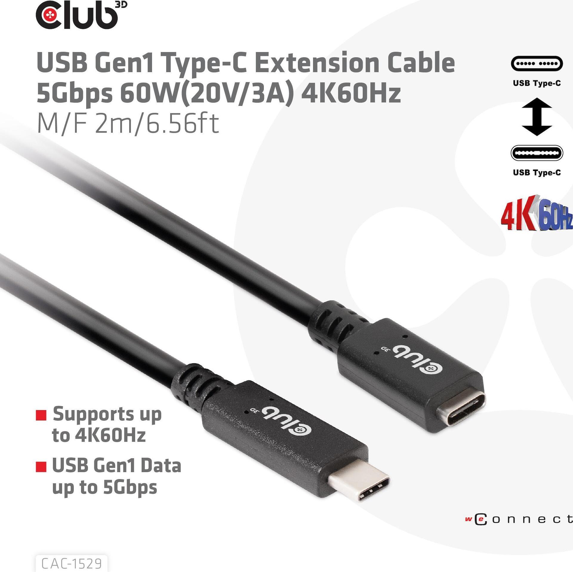 Club 3D CAC-1531 - USB-Verlängerungskabel - USB-C (M) bis USB-C (W) - 20 V - 3 A - 1 m - bi-direktional, Support von 4K 60 Hz