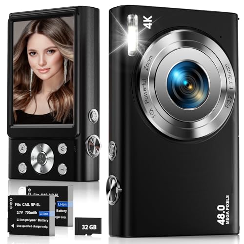 Digitalkamera, 4K Autofokus Fotoapparat Fotokamera mit 32G SD Karte HD 48MP mit 2.8" großem Bildschirm, 16X Digitalzoom, Kompaktkamera Tragbare Mini Kamera für Erwachsene, Anfänger (schwarz)