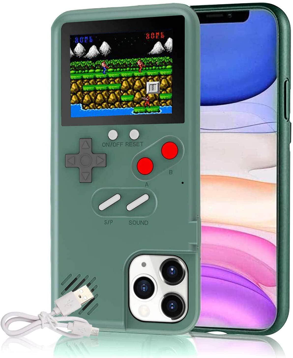 Gameboy Schutzhülle für iPhone, Autbye Retro 3D-Handyhülle Spielkonsole mit 36 klassischen Spielen, Farbdisplay, stoßfeste Videospiele, Handyhülle für iPhone (für iPhone 11 Pro, grün)