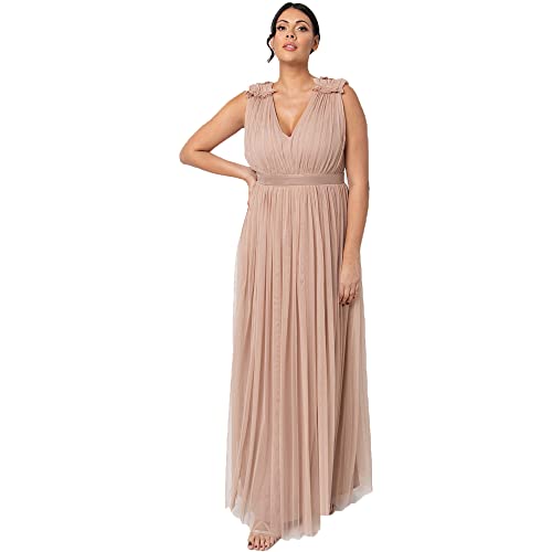 Maya Deluxe Women's Taupe Blush Maxi with Ruffle Shoulder Detail Bridesmaid Dress, 38