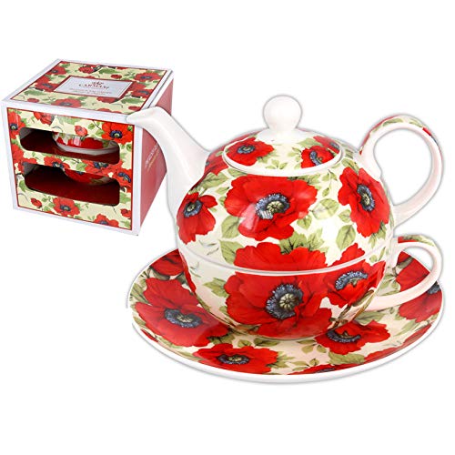 CARMANI - Eleganter Tee für eine Person - Set von Teekocher verziert mit 'rot Mohn' 350ml