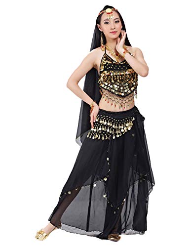 G-like BellyQueen Tanz Kostüm Bauchtanz Kleid - Orientalischer Tanz Arabisch Sexy Professionelle Farbenreiche Kleidung Set Outfit für Tänzerin Damen - Chiffon - 5 Stück (Schwarz)