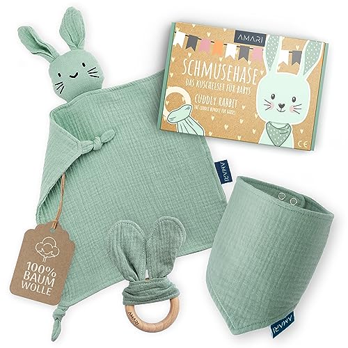 Amari ® Schmusetuch (Hase Türkis) mit Beißring und Lätzchen, Geburt für Junge und Mädchen - Baby Geschenk Neugeborene - Schnuffeltuch Babygeschenke Set zur Babyparty