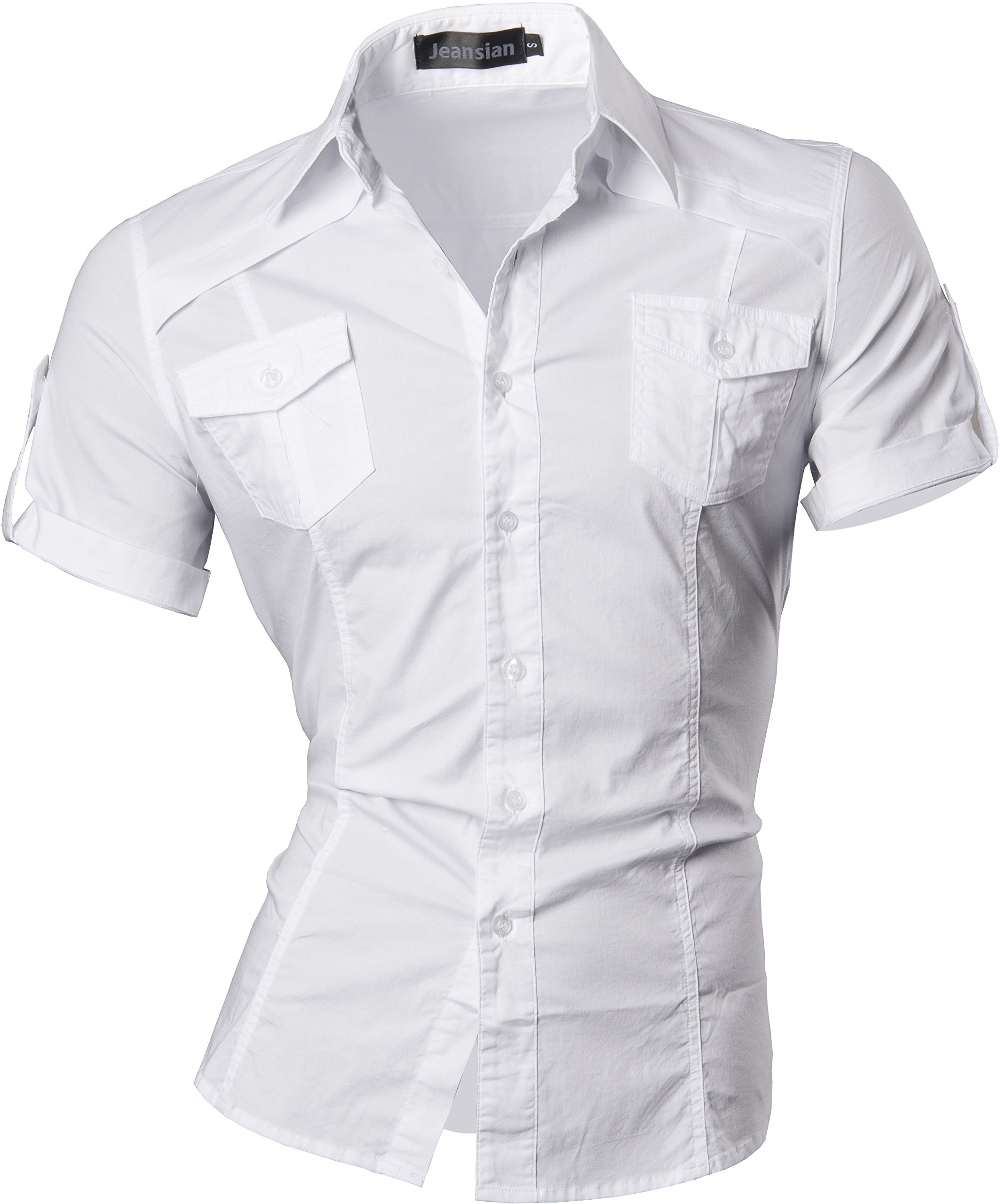 jeansian Herren Freizeit Hemden Shirt Tops Mode Langarmlig Men's Casual Dress Slim Fit 8360 White XXL