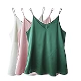 Wantschun Damen Satin Silk Weste Bluse Tank Tops Shirt Cami Spaghetti Träger Camisole Vest V-Ausschnitt L Grün+Rosa+Weiß