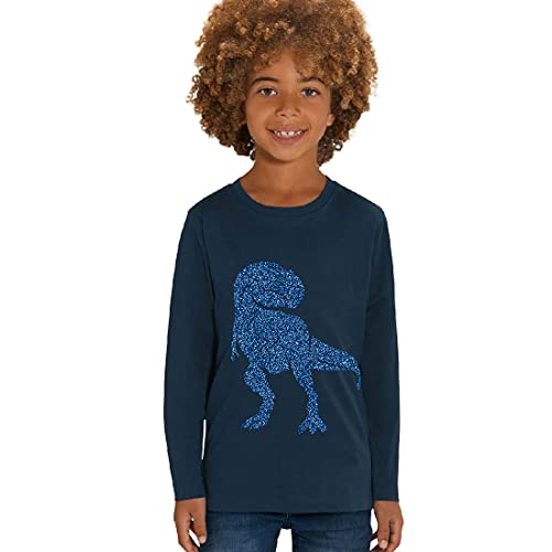 Hilltop Kinder Langarmshirt aus Biobaumwolle mit Dinosaurier Glitzer Motiv, Size:110/116, Dino:Navy-Dino Blue