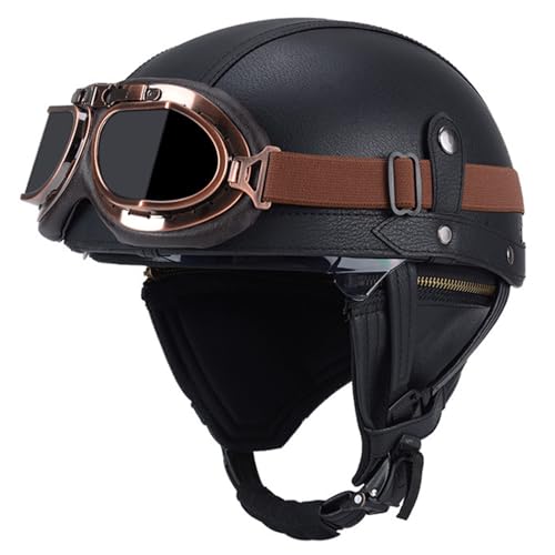 Retro Motorradhelm Leder Halbhelme Jethelm Rollerhelm Mopedhelm ECE/DOT Zertifiziert Halbschalenhelm Männern Und Frauen Motorrad Offener Helm Scooter-Helm Anti-Collision Helmet 1,M:57-58CM