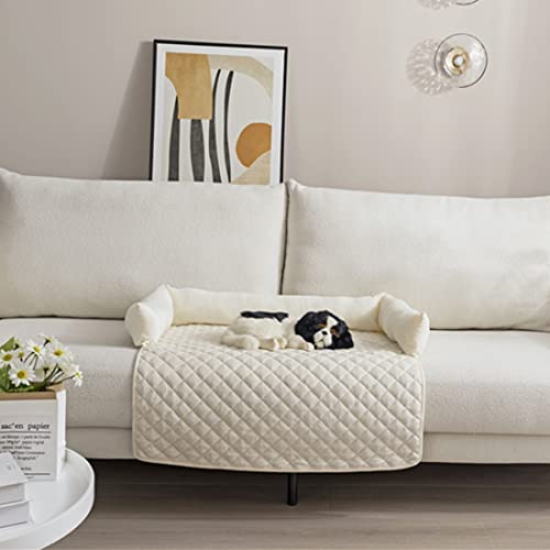 Premium Silky Velvet Haustier Schlafsofa, rutschfest, wasserdicht, waschbarer Sofaschutz mit 3-seitigen Polsterkissen, Möbelschutz Haustierbezug für Hunde und Katzen Weiß L