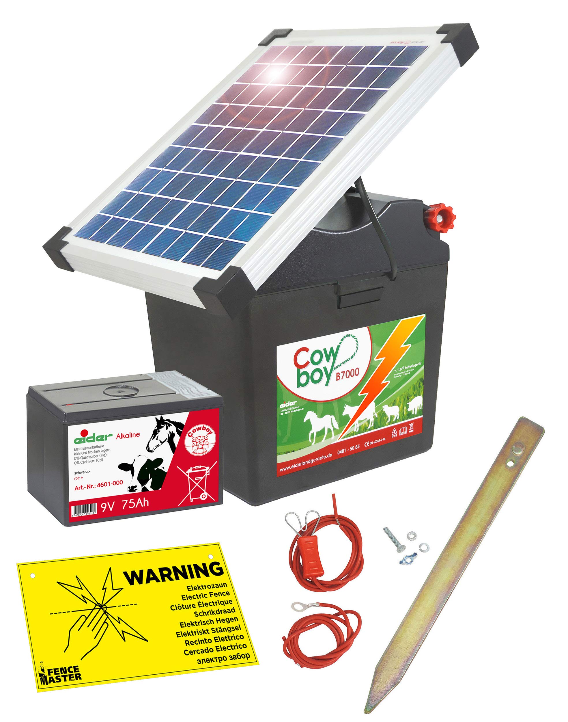 Eider Solar Weidezaungerät B 7000 mit 10 Watt Solarpanel & 9 Volt Alkaline Batterie 75 Ah - erheblich längere Batterielaufzeit durch effizientes Solarmodul - erste Wahl für Pferde- & Ponyzaun