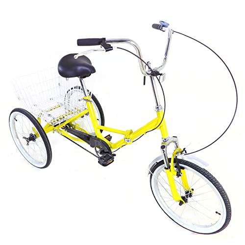20 Zoll Dreirad, 3 Räder Fahrrad Erwachsene Singlespeed Dreirad für Erwachsene mit Einkaufskorb für Erholung, Einkaufen, Picknicks (Gelb)