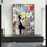 Banksy Art Girl Holding Balloons Leinwand Gemälde Wandkunst Poster Und Drucke Graffiti Kunst Bilder Kinderzimmer Wanddekor 70X100cm Rahmenlos