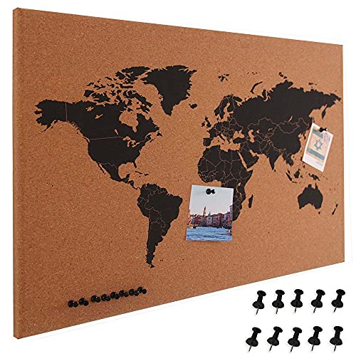 BAKAJI Pinnwand, Weltkarte aus Kork, Geografie, Weltkarte, Holzrahmen, Größe 60 x 40 cm, für die Wand, modernes Design mit 10 Nadeln, Geschenkidee