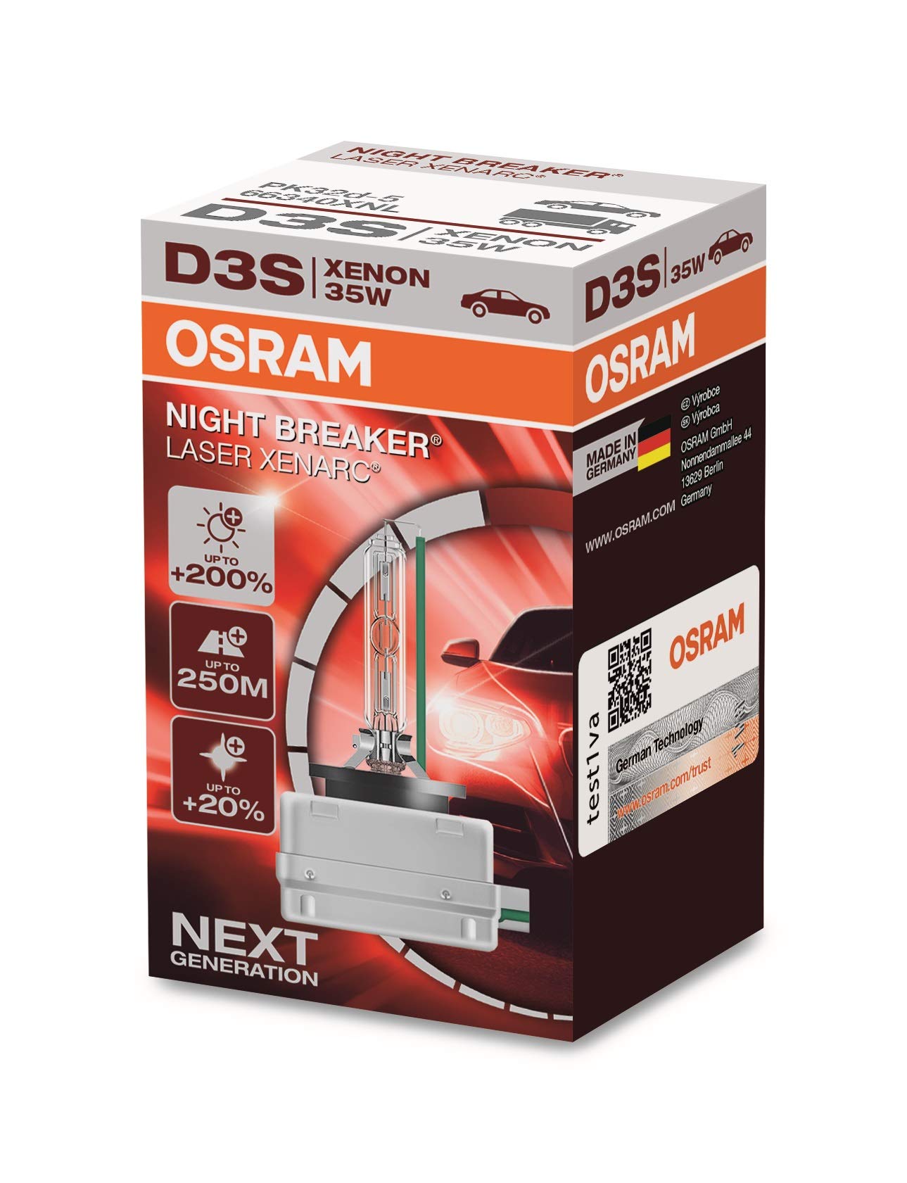 OSRAM XENARC NIGHT BREAKER LASER D3S, +200 % mehr Helligkeit, HID Xenon-Scheinwerferlampe, 66340XNL, Faltschachtel (1 Lampe)