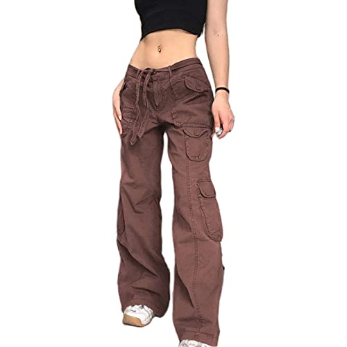 Yokbeer Damen Low Waist Cargo Jeans Gerade Breites Bein Baggy Denim Hosen Y2k Indie Aesthetic Vintage Jeanshosen 90er Streetwear (Color : Brown, Size : L)