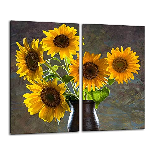 Gsmarkt | Herdabdeckplatten Schneidebrett Spritzschutz Set 2x30x52 | Bild auf Glas | Sicherheitsglas Gehärtetes Glas Bild | Motiv Sonnenblume