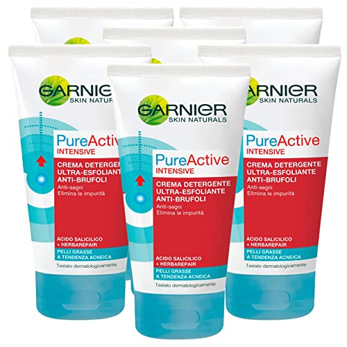 Garnier Skin Naturals Pure Active Intensive Ultra Peeling Anti-Pickel Reinigungscreme für fettige Haut, beseitigt Verunreinigungen, Formel mit Salicylsäure und Herbarepair – 6 Flaschen à 150 ml