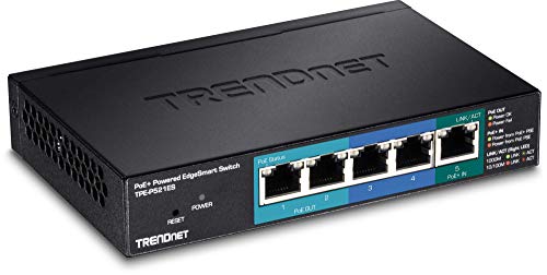 TRENDnet 5-Port Gigabit PoE+ EdgeSmart Switch mit PoE Durchgang, 18 W PoE Gesamtleistung, 802.3at betriebenes Gerät, Wandmontierbar, TPE-521ES