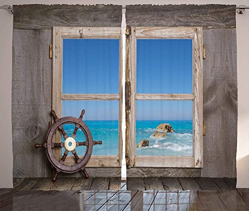 YUANCHENG Urlaubsvorhänge Blick durch Holzfenster mit Meerblick Ocean Holiday Lenkrad Maritimes Wohnzimmer Schlafzimmer Fenstervorhang