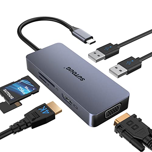 USB-C-Hub, Dockingstation, SUTOUG 6-in-1-USB-C-Adapter, 4K-HDMI-Multiport-Dongle, mit VGA-Anschlüssen, 2 USB-2.0-Anschlüssen, SD/TF-Kartenleser, kompatibel mit Laptop, MacBook Pro