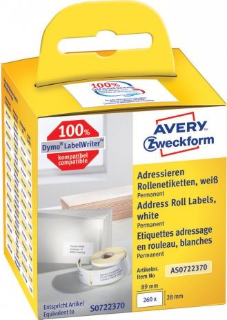 Avery Zweckform - Permanent adhesive rectangular paper address labels - weiß - 28 x 89 mm 260 Etikett(en) (2 Rolle(n) x 130) (AS0722370)