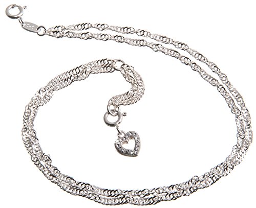 Fußkette Silber 2reihig (Singapurkette) mit Anhänger Herz weiß - 2,3mm Breite, Länge wählbar 23cm-30cm - echt 925 Silber